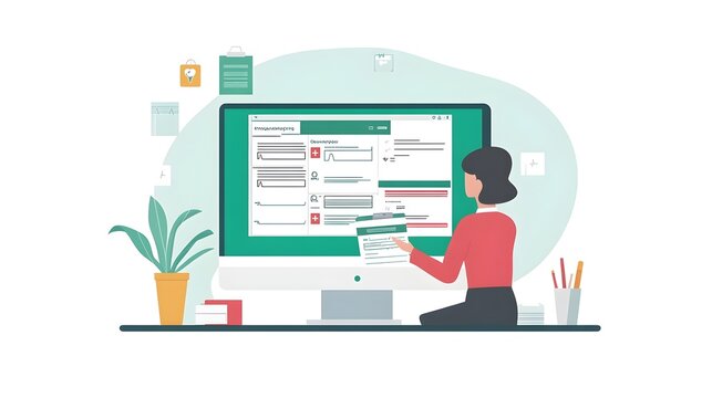 Woman Working on Computer, Data Analysis, Business Illustration