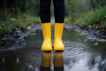 Person in Yellow Rain Boots Standing in Puddle