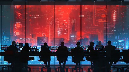 A futuristic control room with silhouettes observing a vibrant cityscape.