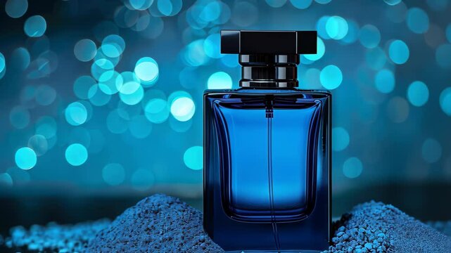 A close-up of an elegant blue perfume bottle on textured blue sand. sleek design and dreamy teal bokeh create an alluring atmosphere, perfect for beauty and lifestyle themes.