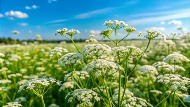 A blanket of green and white blooms covers the sun-kissed field, dogweed flowers of vibrant beauty growing wild