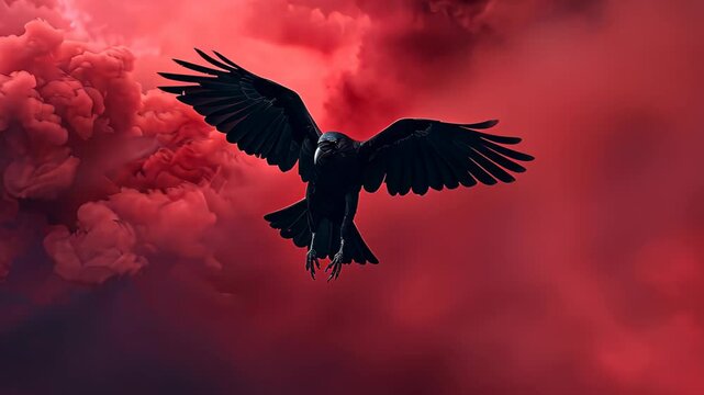 A dramatic image of a black crow bird in flight amidst vibrant red and pink smoke clouds. striking scene symbolizes freedom, nature, and the contrast between tranquility and chaos.