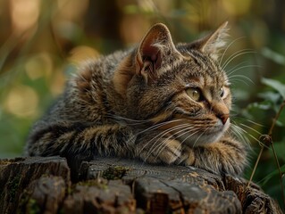 Tabby Cat Resting on a Tree Stump in the Forest