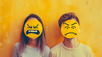 A man and woman hold sad and frustrated emoji cards over their faces in front of bright yellow wall