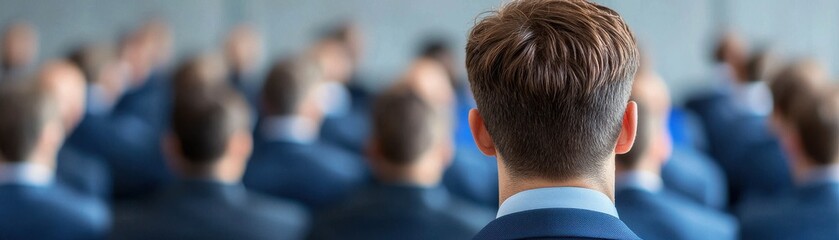 Obraz premium A professional audience attentively listening to a speaker at a corporate event, showcasing engagement and concentration.