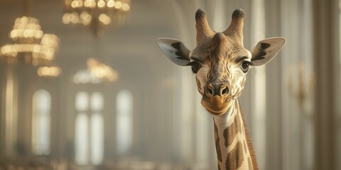 Fototapeta premium Close-Up Portrait of a Giraffe Gazing Intently at the Camera, Showcasing Its Unique Features and Natural Charm in a Serene Outdoor Setting