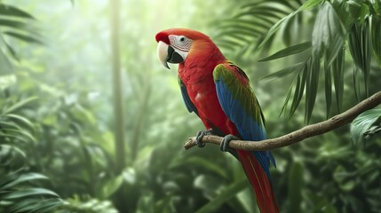 Obraz premium Colorful Parrot Perched Gracefully on a Branch Surrounded by Lush Greenery, Showcasing Natures Beauty and Vibrant Wildlife in a Tropical Setting