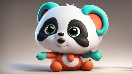 A cheerful panda character in a stylized animation style, standing against a pink background. The panda exudes joy and friendliness, making it an adorable and vibrant mascot.