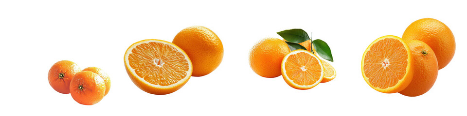 Fresh and vibrant assortment of ripe juicy oranges in various sizes and stages of ripeness displayed on a clean white background  The citrus fruits showcase their vibrant orange color natural texture