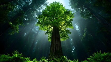 Majestic Tree Reaching for Sunlight in Dense Forest