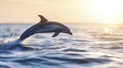 Fototapeta premium Graceful Dolphin Leaping Out of Crystal Clear Ocean Waters Against a Bright Blue Sky, Capturing the Joy and Freedom of Marine Life in Motion