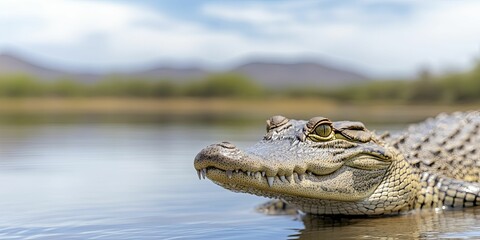Fototapeta premium Majestic Crocodile Gliding Through Calm Waters, Showcasing Its Powerful Body and Intricate Scales, Capturing the Essence of Wildlife in a Serene Natural Habitat