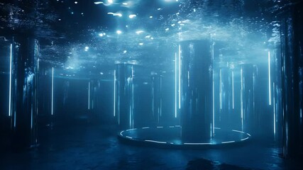 Mysterious underwater grotto bathed in ethereal blue bioluminescence. Swirling mist creates futuristic atmosphere. Minimalist details enhance enigmatic ambiance. 