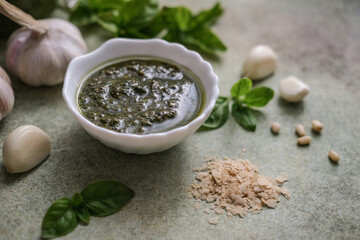 Vegan Pesto sauce with deactivated yeast. Dairy free Pesto sauce