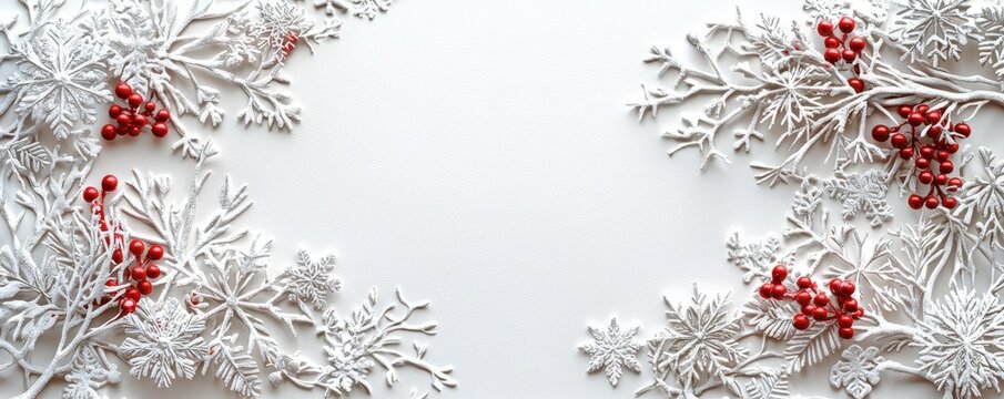 A festive Christmas greeting card frame with intricate snowflake designs and delicate holly leaves, set against a crisp white background, creating a clean and elegant space for personalized holiday