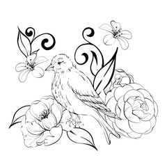 Springtime composition - victorian beard and roses, flower, branch and leaves. Romantic peony. For greeting cards, wedding, fabric, printing. Graphic vector line, hand drawn, black silhouette for