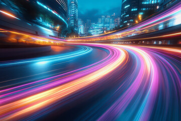 City streets with neon lights, dynamic motion blur, and colorful light trails at night
