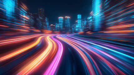 City streets with neon lights, dynamic motion blur, and colorful light trails at night