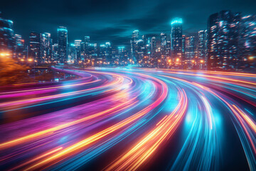 Obraz premium City streets with neon lights, dynamic motion blur, and colorful light trails at night
