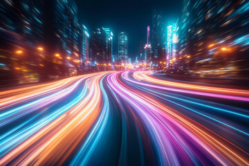 Fototapeta premium City streets with neon lights, dynamic motion blur, and colorful light trails at night