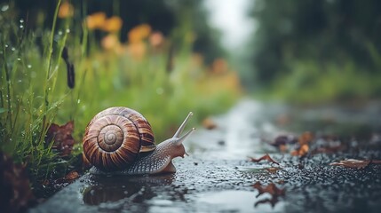 A close-up of a snail on a wet path surrounded by greenery and flowers, capturing a serene, nature-filled moment after rain.