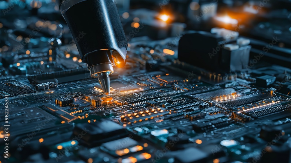 Poster close-up view of a robotic arm working on a circuit board with glowing components in a high-tech set