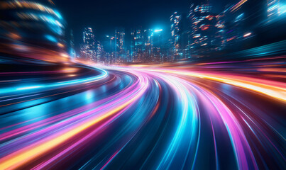 Obraz premium City streets with neon lights, dynamic motion blur, and colorful light trails at night