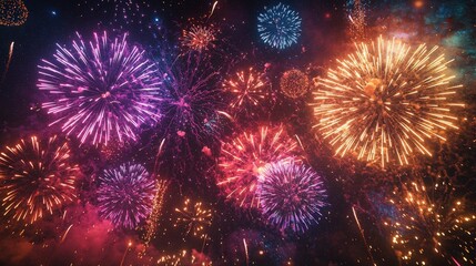 Fototapeta premium A lively and radiant display of fireworks in an array of bright colors reds, purples, and goldsâ€”against the backdrop of a dark night sky, leaving ample space for adding festive text or New Year