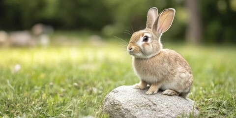 Fototapeta premium Serene Rabbit Resting on a Weathered Rock Amidst Natures Embrace, Capturing the Beauty of Wildlife in a Tranquil Outdoor Setting
