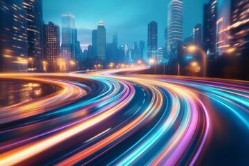 Obraz premium City streets with neon lights, dynamic motion blur, and colorful light trails at night