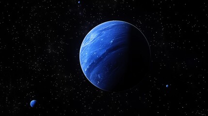 Neptune's deep blue tones and ice moons in the vast darkness of space, captured in a high-definition, outer space view featuring tiny celestial bodies orbiting against the backdrop of countless stars