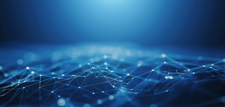 Abstract tech digital blue background with network lines and dots connecting in dynamic pattern. Modern cyber technology, data networks, ai, futuristic design - Powered by Adobe