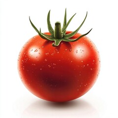 A single, red, ripe tomato with water droplets sits on a white background.