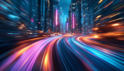 Fototapeta premium City streets with neon lights, dynamic motion blur, and colorful light trails at night