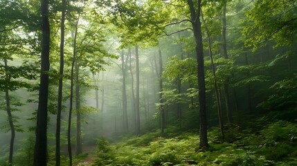 Obraz premium A tranquil forest with lush trees and mist, creating a serene atmosphere perfect for nature lovers and outdoor enthusiasts.