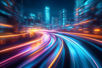 Obraz premium City streets with neon lights, dynamic motion blur, and colorful light trails at night