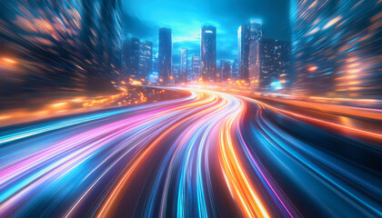 Obraz premium City streets with neon lights, dynamic motion blur, and colorful light trails at night