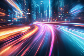 Obraz premium City streets with neon lights, dynamic motion blur, and colorful light trails at night