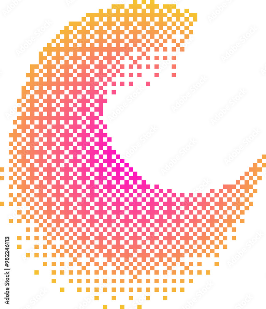 Poster Pixel pattern crescent shape. Textured moon with bitmap Y2k dither gradient. Retro with old computer game graphic effect. Halftone illustration