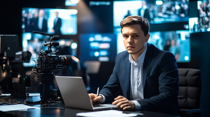 Journalist in the studio: A person at a desk in a television studio reading the news from a monitor.