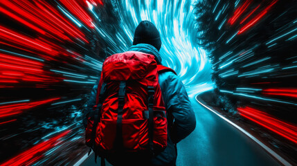 Naklejka premium Lone traveler in a vortex of red and blue light on a futuristic journey
