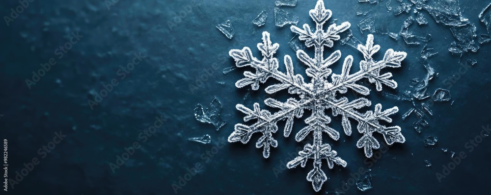 Poster A stunning close-up of a crystal snowflake on a dark surface, showcasing intricate patterns and the beauty of winter.