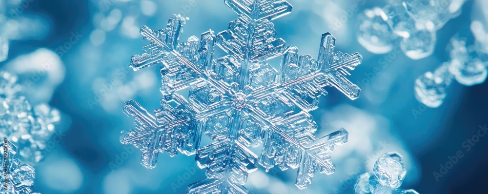Poster A close-up view of a beautiful snowflake, showcasing intricate patterns and the delicate nature of winter's beauty.