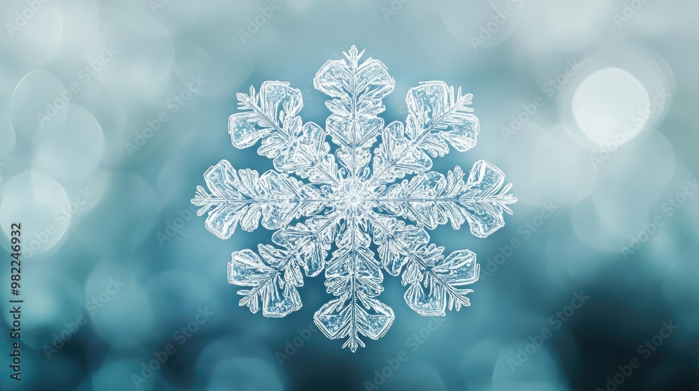 Poster Delicate snowflake with intricate patterns against a soft blue background, capturing the beauty of winter and tranquility.