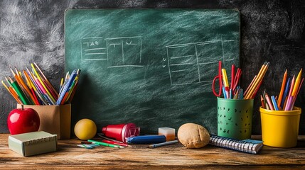 School Supplies Arranged on a Wooden Desk with a Chalkboard