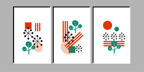 Set of three natured inspired wall art vector. Geometry, mid century and nature wall decoration, vector poster and wall print.