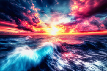 Dynamic ocean scene with vibrant sunset, swirling clouds, and crashing waves