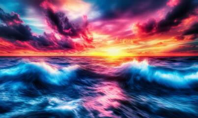 Obraz premium Dynamic ocean scene with vibrant sunset, swirling clouds, and crashing waves