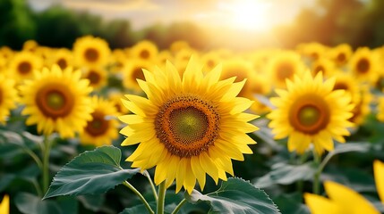 Obraz premium Bright Sunflower Field at Sunrise with Soft Lighting