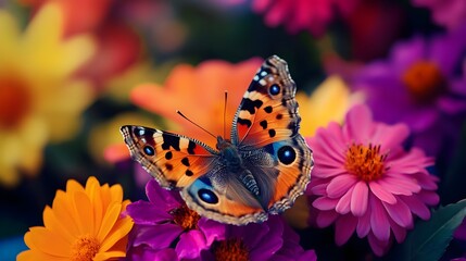 Obraz premium A vibrant butterfly perched on colorful flowers, showcasing nature's beauty in a picturesque garden scene.